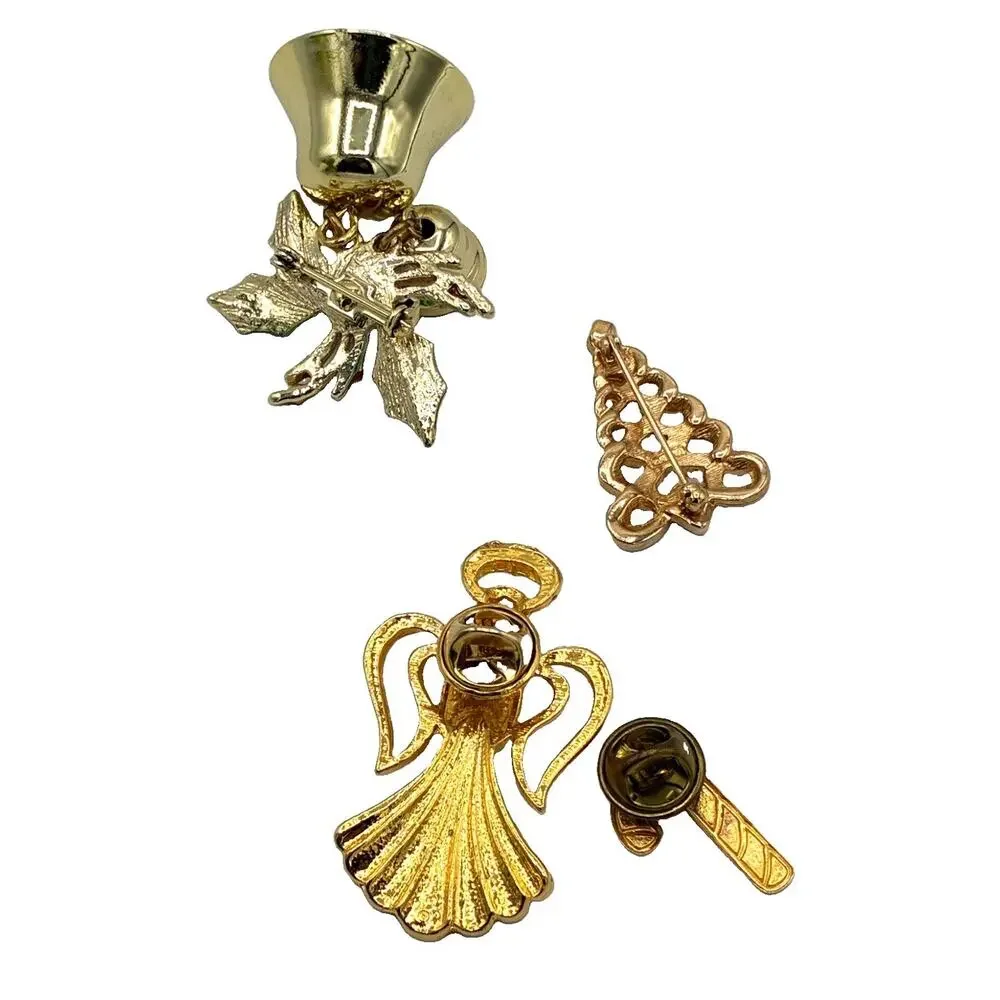 Vintage Christmas Brooch Pin Lot of 4 Bell Tree Angel Candy Cane Holiday Jewelry